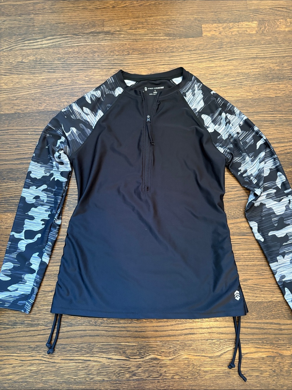 Free Country Black Swim Top with Gray Camo Sleeves